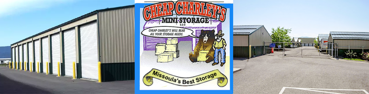 Cheap Charley's Mini Storage, storage units and logo.